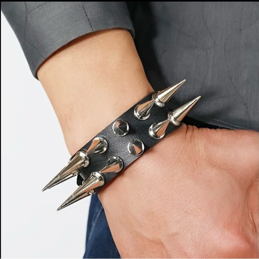 Extra Spiked Black and silver Pu leather punk goth bracelet emo  brand new